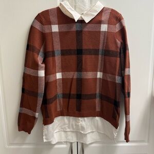 Tahari Preppy Double Layered Orange Plaid Collared Uniform Sweater Medium